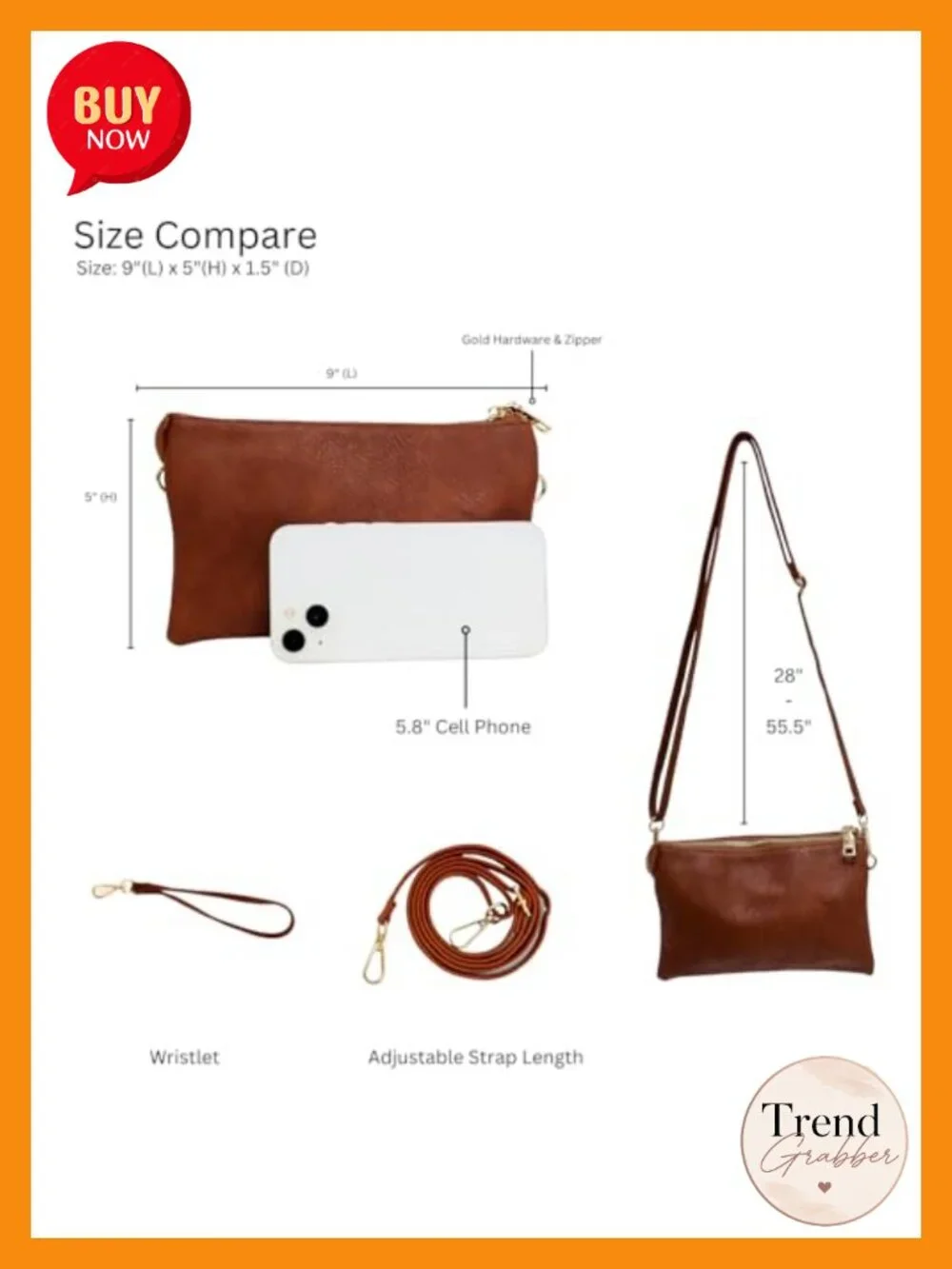 Vegan Leather Crossbody Bag with 2 Straps Clutch Wristlet Purse